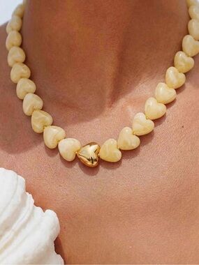 Cream Heart Bead Necklace with Gold Accent